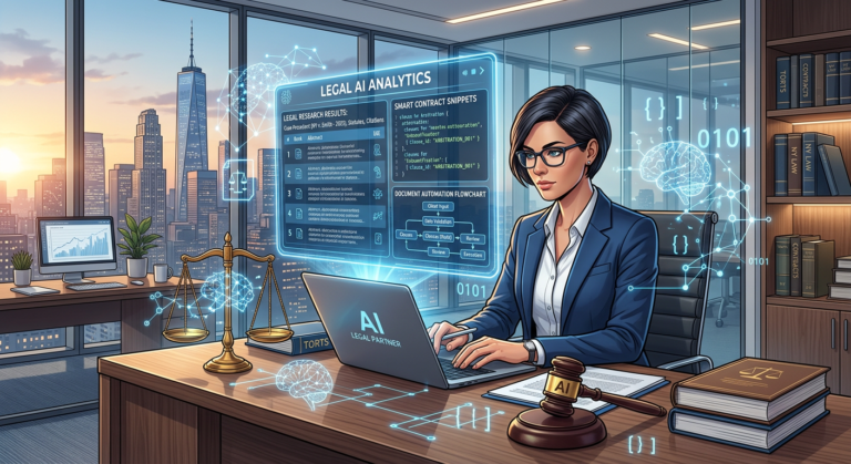 Ilustração de advogado usando IA: laptop com interface holográfica, documentos jurídicos e símbolos de justiça.