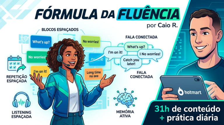 Ilustração do curso Fórmula da Fluência de Caio R., mostrando um estudante brasileiro falando inglês com blocos de frases e ícones de repetição espaçada.