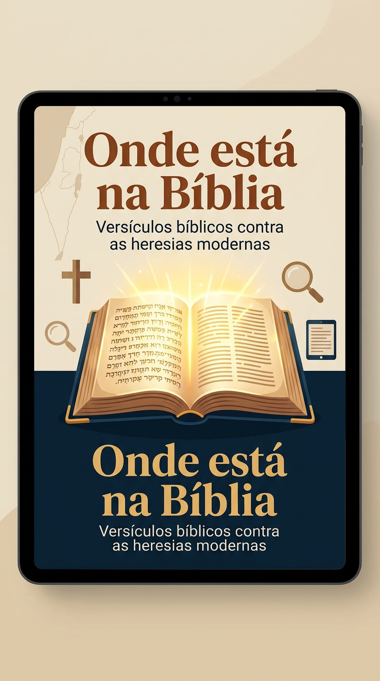 Capa do ebook "Onde está na Bíblia" com uma Bíblia aberta, luzes de texto, cruz, lupa e tablet, fundo com mapa da Terra Santa.