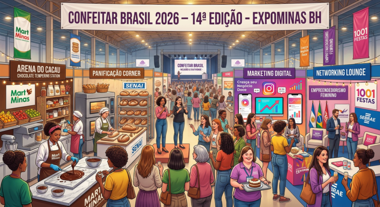 Imagem promocional do Confeitar Brasil 2026, evento presencial de confeitaria e empreendedorismo feminino no Expominas (BH), mostrando mulheres em ação, stands de insumos e recursos de inclusão como intérprete de Libras.
