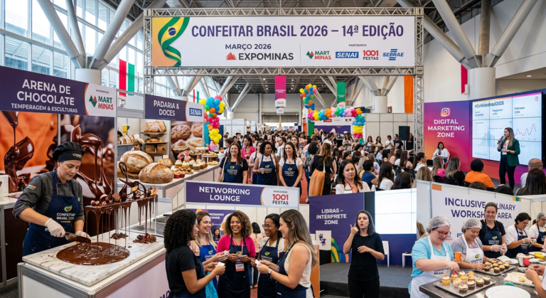 Ilustração realista do Confeitar Brasil 2026 – 14ª edição no Expominas BH, mostrando arenas de confeitaria, chocolate, marketing digital e networking com mulheres empreendedoras, inclusão de Libras e parceiros como Mart Minas e SENAI.