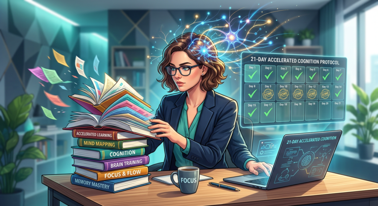 Ilustração de leitor concentrado com efeitos de ativação cerebral e calendário de 21 dias, representando o Curso Leitura Dinâmica – Metaleitura (LDE).