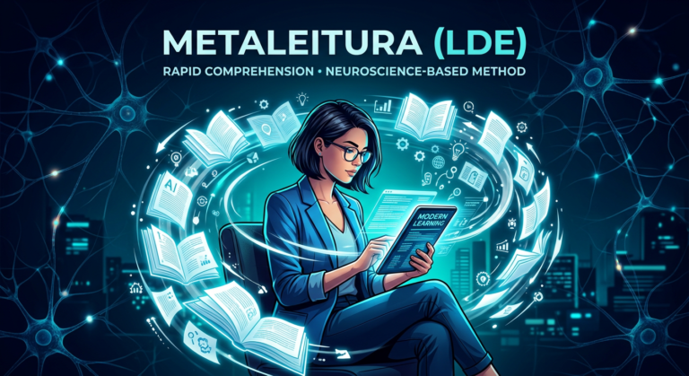 Ilustração de uma pessoa lendo rapidamente em um tablet, com páginas de livros flutuando e padrões de neurônios ao fundo, representando o curso Metaleitura (Leitura Dinâmica).