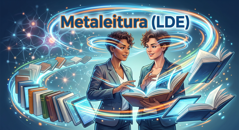 Ilustração de leitor acelerado com livros, tablets e elementos de neurociência representando o curso Metaleitura (LDE)