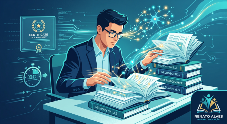 Ilustração de leitura dinâmica com caminhos neurais, certificado digital e ícones de velocidade
