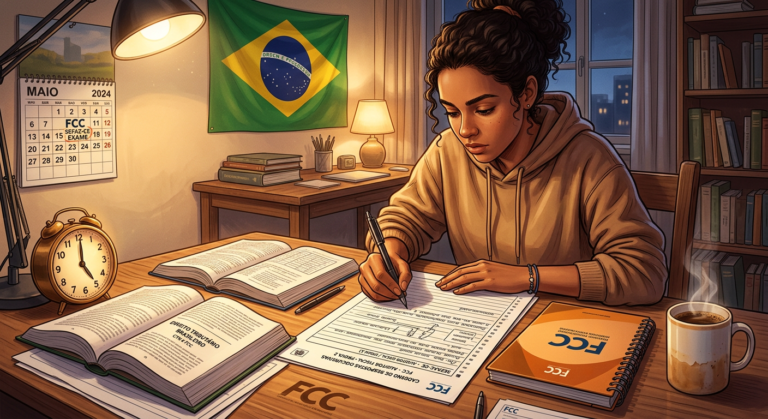 Estudante escrevendo resposta discursiva para o concurso SEFAZ‑CE, com materiais da FCC e relógio marcando 5 AM.