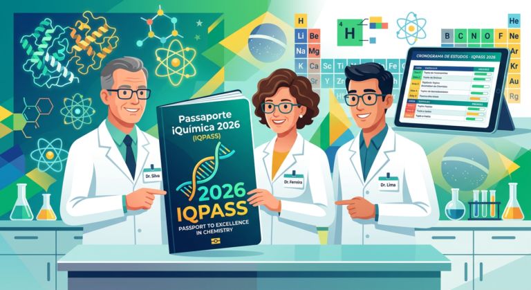 Ilustração da equipe iQuímica com três professores ao lado do Passaporte iQuímica 2026, rodeados por símbolos químicos e ferramentas de estudo.
