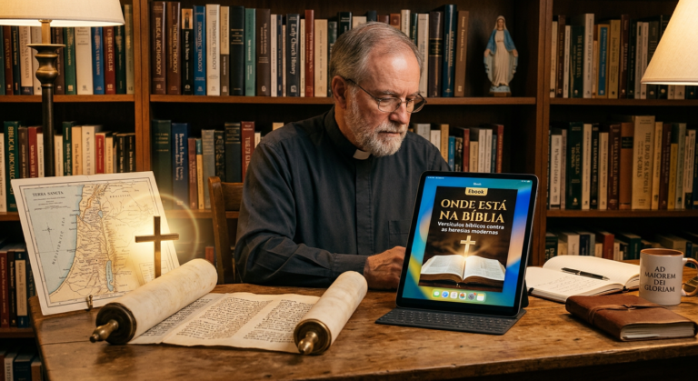 Estudante católico lendo o eBook 'Onde está na Bíblia' ao lado de pergaminho antigo, mapa da Terra Santa e cruz, simbolizando defesa bíblica contra heresias modernas.