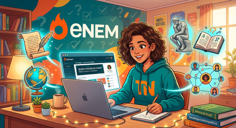 Ilustração de estudante usando laptop para estudar Ciências Humanas (História, Geografia, Filosofia e Sociologia) com elementos do ENEM ao fundo, representando o Extensivo Basic 2026.