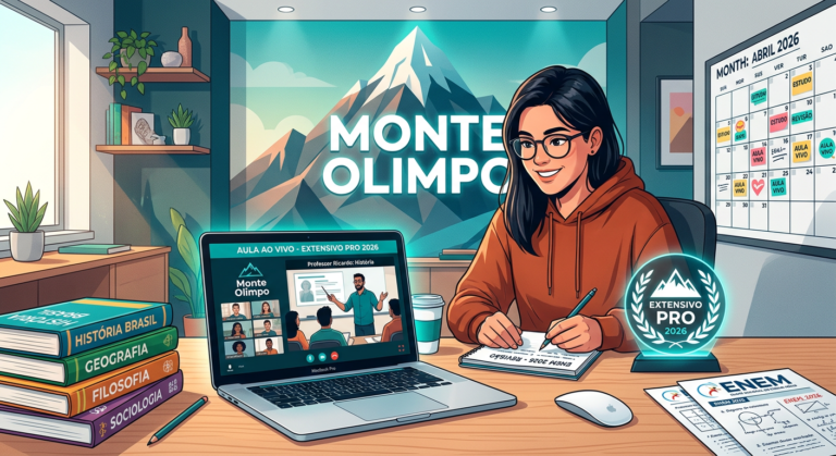 Ilustração de estudante assistindo aula ao vivo do Extensivo PRO Monte Olimpo 2026, com livros de Humanas, calendário de estudos e montanha simbólica ao fundo.
