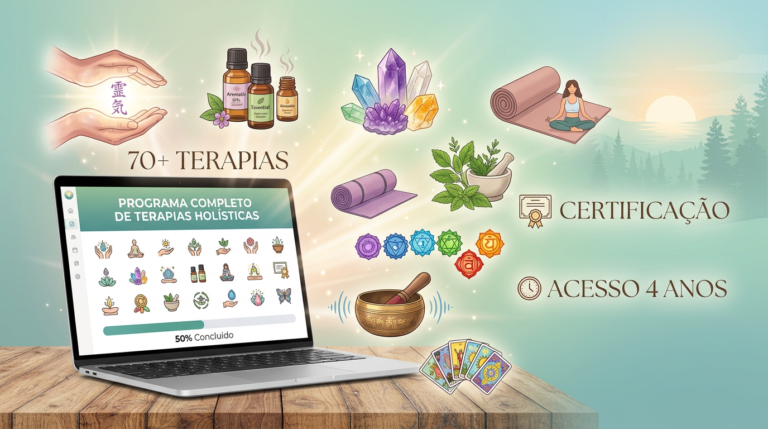 Ilustração digital de um laptop aberto exibindo um painel de curso de terapias holísticas, cercado por símbolos de Reiki, aromaterapia, cristais, yoga, ervas, chakras e outros, tudo em tons pastel e luz suave.