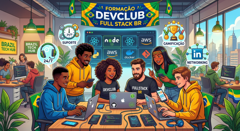 Ilustração de comunidade brasileira de desenvolvedores estudando Full Stack com suporte 24/7, gamificação e networking no DevClub.