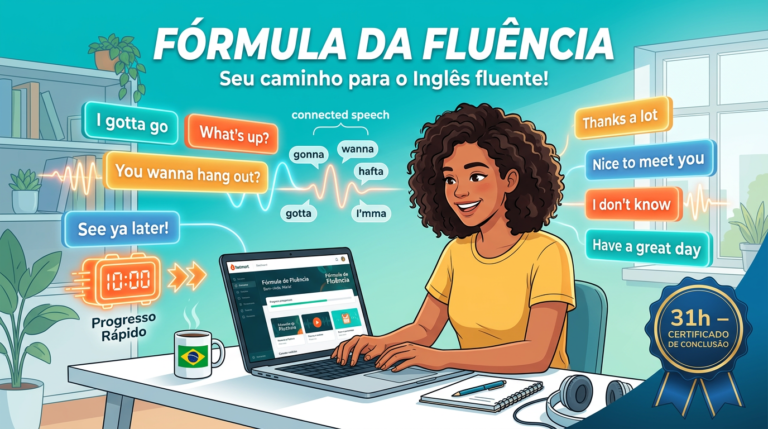 Ilustração de estudante brasileiro estudando inglês com blocos de frases flutuantes, laptop mostrando Hotmart e certificado de conclusão do curso Fórmula da Fluência.