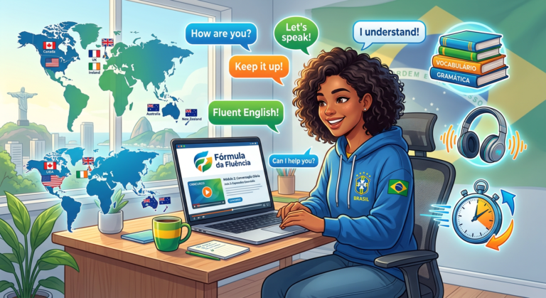 Ilustração de estudante brasileiro estudando inglês com o curso online Fórmula da Fluência de Caio R, destacando prática, frases em inglês e métodos de poliglotas.