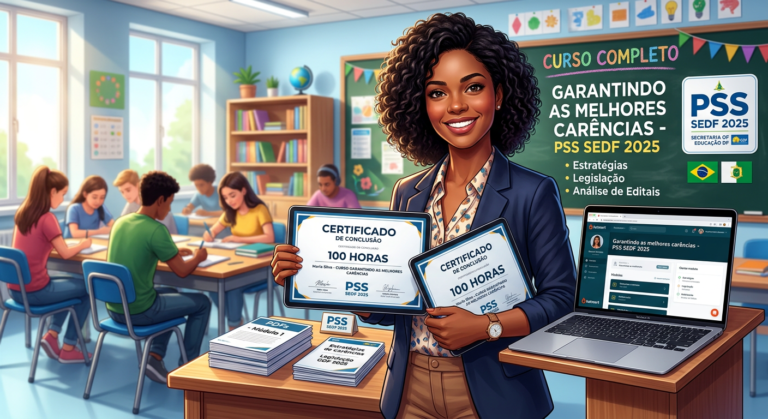 Professor segurando certificado digital de 100 horas em sala de aula, com branding do PSS SEDF 2025 e materiais do curso.