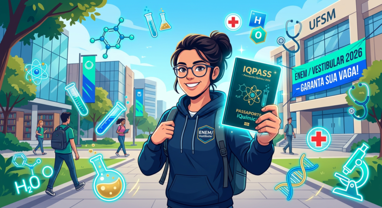 Ilustração do IQPASS – Passaporte iQuímica 2026, com estudante e símbolos de química e medicina