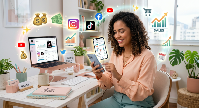 Mulher usando o celular para gerar renda online com o Método Mulher Milionária