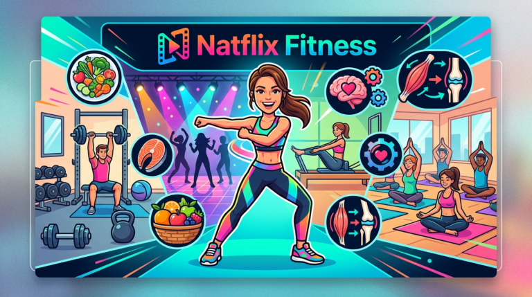 Natasha Villaschi leading a diverse, fun workout surrounded by icons of yoga, dance, nutrition, psychology and physiotherapy.