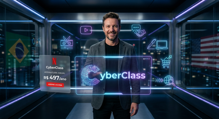 Peter Jordan apresentando a plataforma CyberClass com ícones holográficos de habilidades digitais.