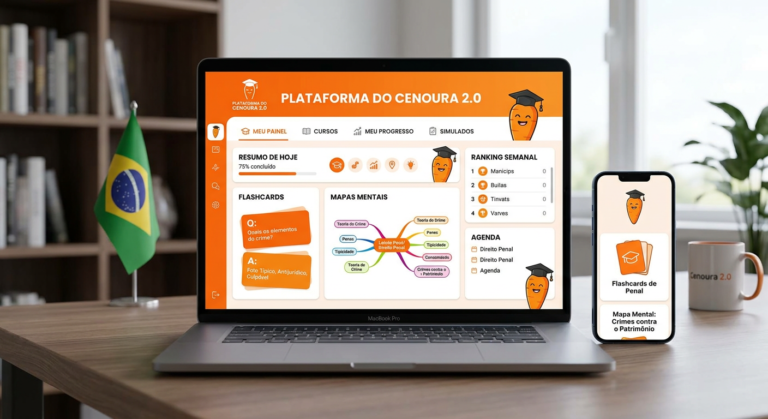 Captura de tela da Plataforma do Cenoura 2.0 mostrando flashcards, mapas mentais e o mascote cenoura em um layout moderno.