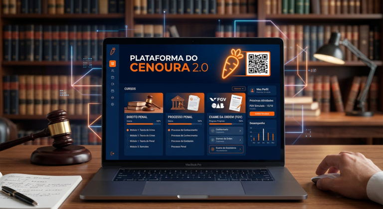 Interface da Plataforma do Cenoura 2.0 com logo, QR code e ícones de Direito Penal e FGV