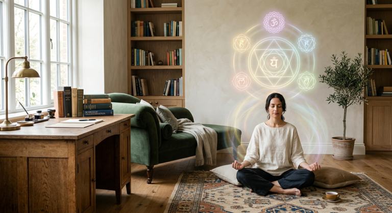 Estudo sereno que combina elementos clássicos da psicanálise com símbolos holísticos como mandala de chakras e aura.