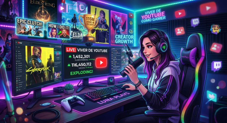 Jovem gamer streamer em setup profissional, com monitores mostrando métricas de crescimento no YouTube e luzes neon.