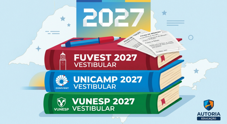 Imagem promocional do curso Tríade Paulista – Fuvest, Unicamp e Vunesp 2027, mostrando livros das três bancas, caneta e folhas de redação.