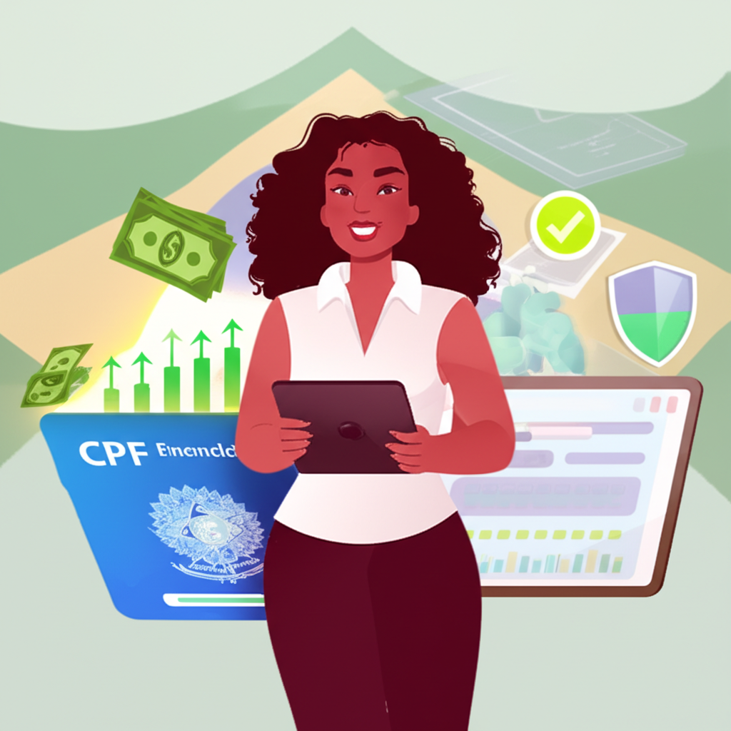 Ilustração de mentora financeira segurando um CPF limpo e um painel de finanças, simbolizando a saída de dívidas e a organização financeira.