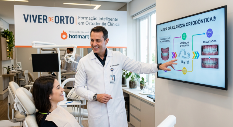 Dentista Dr. Gabriel Barbério apresentando o método Mapa da Clareza Ortodôntica® em clínica moderna, com modelo 3D e banner do curso Viver de Orto.