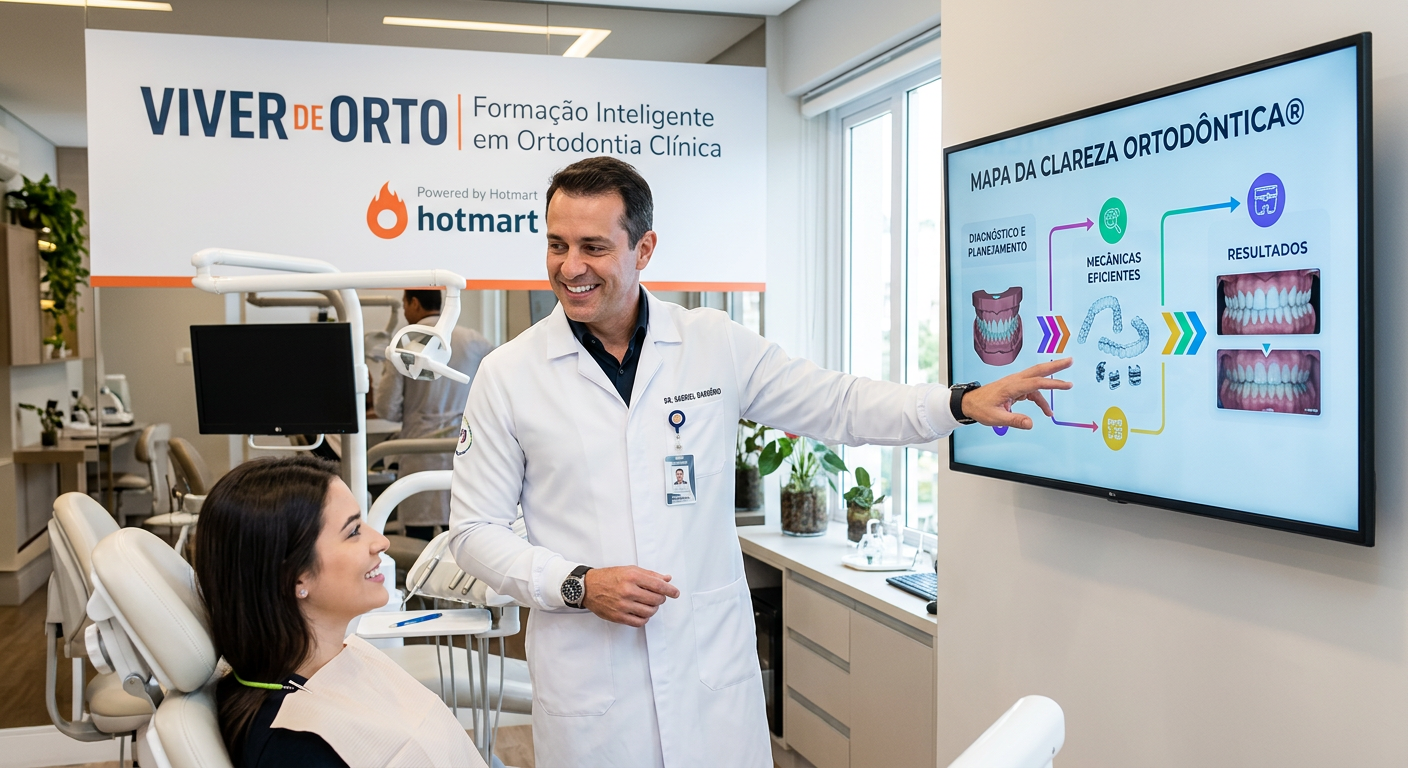 Dentista Dr. Gabriel Barbério apresentando o método Mapa da Clareza Ortodôntica® em clínica moderna, com modelo 3D e banner do curso Viver de Orto.