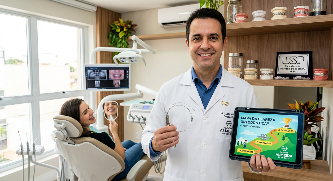 Dentista apresentando o método 'Mapa da Clareza Ortodôntica®' do curso Viver de Orto em ambiente clínico moderno.