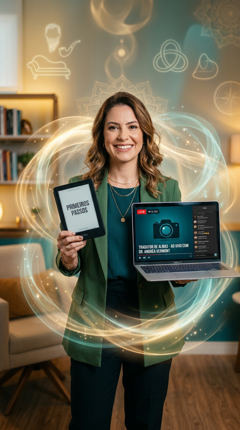 Dra. Andréa Vermont apresentando a Imersão Tradutor de Almas com ebook e laptop em estúdio iluminado.