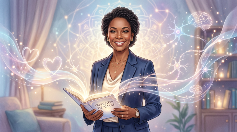 Dra. Andréa Vermont holding a glowing manuscript with ethereal light patterns representing soul translation.