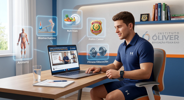 Estudante em EAD de Educação Física, usando roupa esportiva, com laptop aberto e ícones de anatomia, biomecânica e polícia ao fundo.