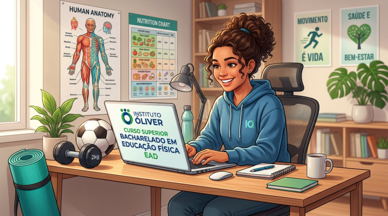 Ilustração de estudante estudando o Curso Superior Bacharelado em Educação Física EAD do Instituto Óliver, cercado por equipamentos esportivos e diagramas de anatomia.