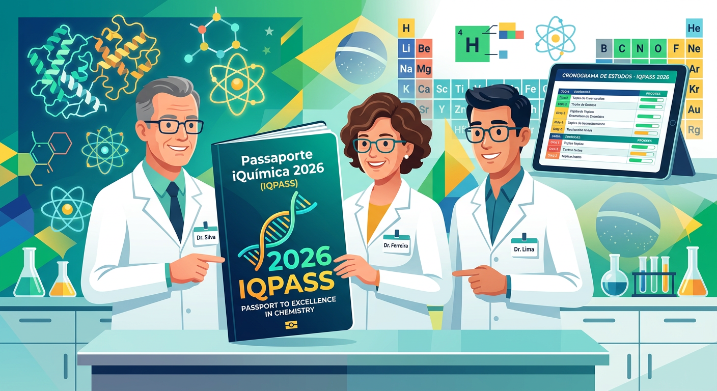 Ilustração da equipe iQuímica com três professores ao lado do Passaporte iQuímica 2026, rodeados por símbolos químicos e ferramentas de estudo.