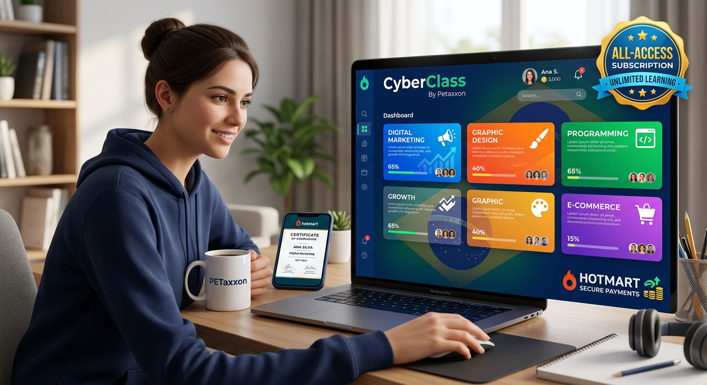 Tela da plataforma CyberClass da Petaxxon exibindo diversos cursos digitais e ícones de monetização, com usuário estudando no laptop.