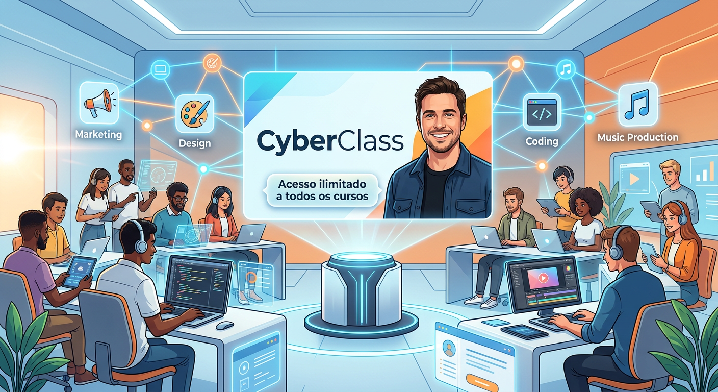 Cena futurista de uma sala de aula digital com pessoas usando dispositivos e um banner holográfico do CyberClass liderado por Peter Jordan, simbolizando acesso ilimitado a cursos.