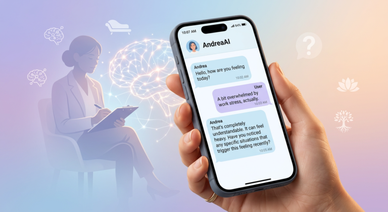 Tela do AndreaAI no smartphone exibindo conversa de apoio emocional com design suave e ícones de psicologia.