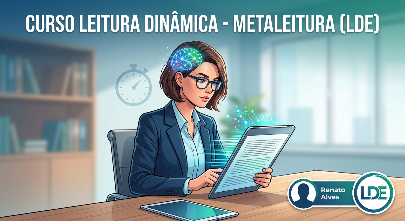 Ilustração de curso de Leitura Dinâmica Metaleitura com pessoa lendo tablet, linhas de velocidade, padrões neurais e ícone de cronômetro