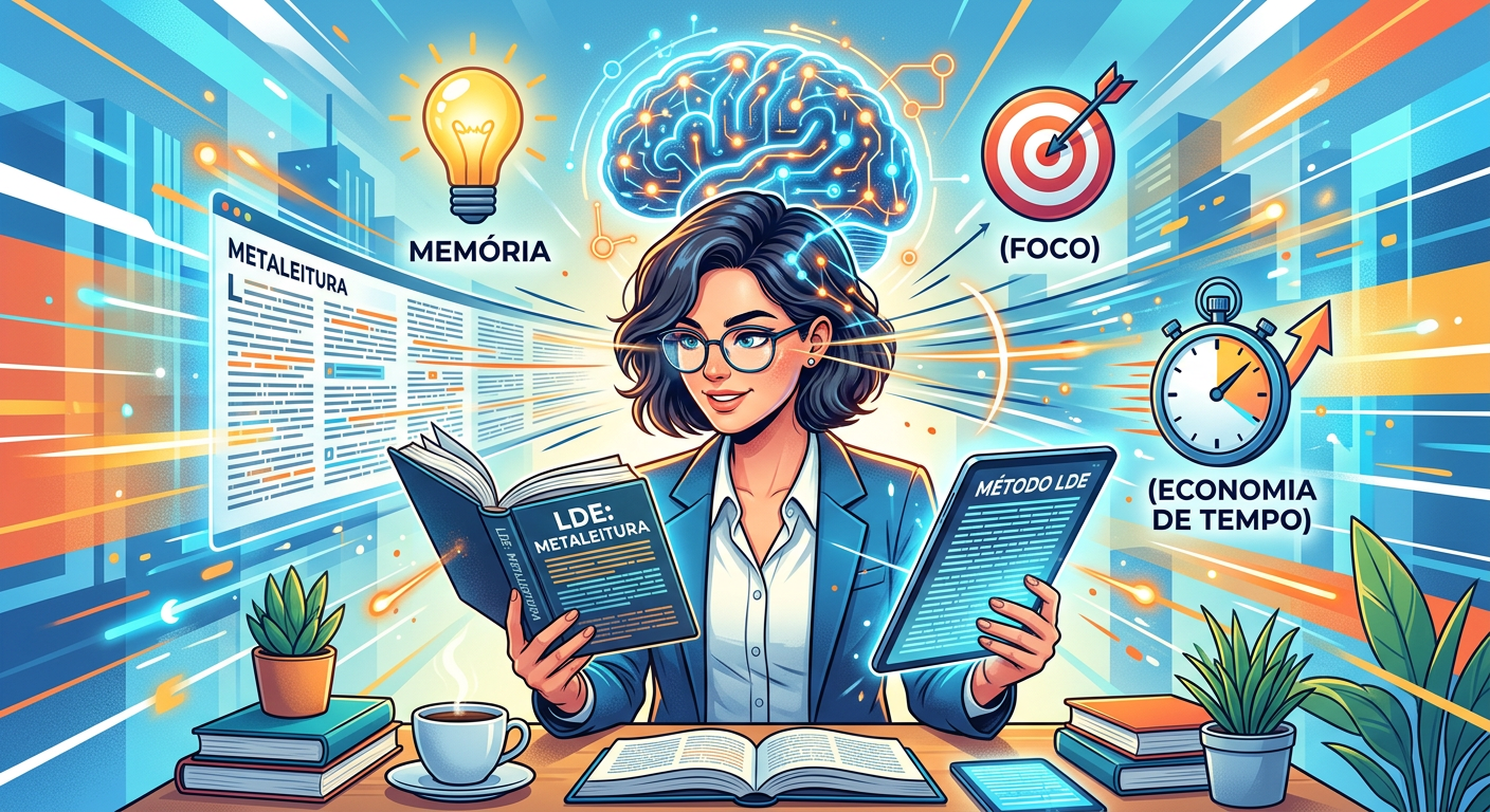 Ilustração de pessoa lendo rápido um livro e um tablet, com linhas de velocidade, cérebro iluminado e ícones de memória, foco e economia de tempo, representando o curso de Leitura Dinâmica Metaleitura.
