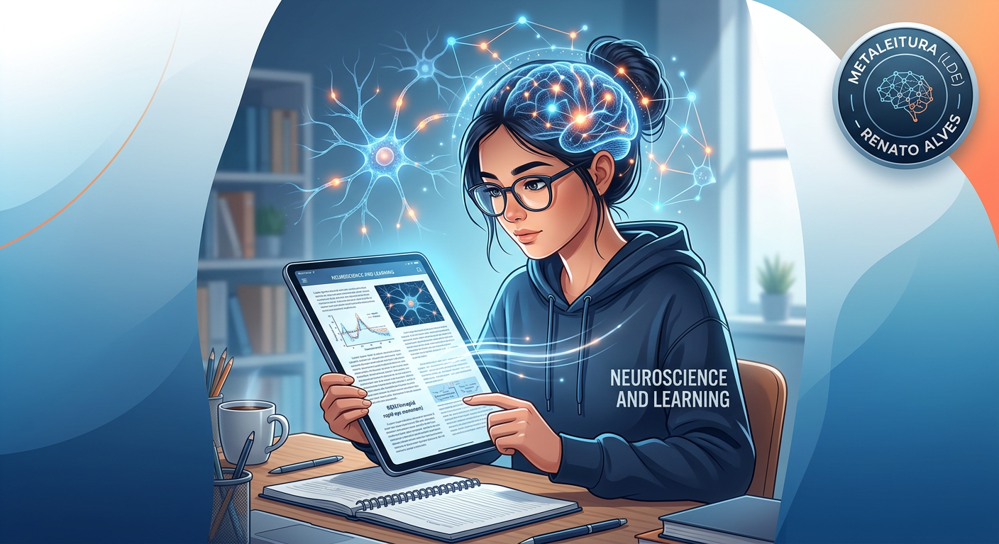 Ilustração de estudante praticando a técnica Metaleitura (LDE) com foco ocular, neurociência e leitura em tablet.