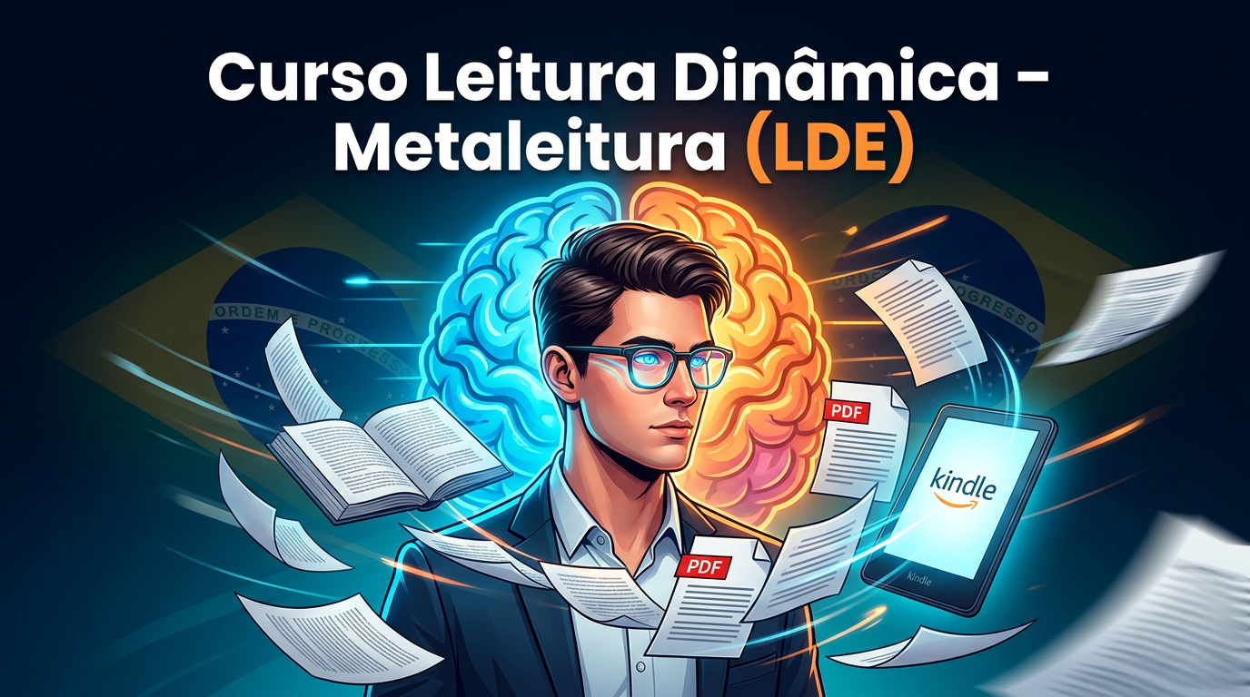 Ilustração de um profissional lendo rapidamente com olhos iluminados, páginas de livro transformando‑se em PDF/Kindle e um cérebro dividido em hemisférios, representando o curso Metaleitura de Renato Alves.