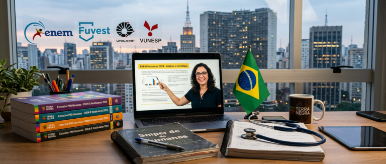 Capa promocional do curso Extensivo PRO + Aulas Particulares (Monte Olimpo) da Terra Negra, mostrando material impresso, laptop com aula ao vivo e elementos que remetem a Medicina e vestibulares brasileiros.