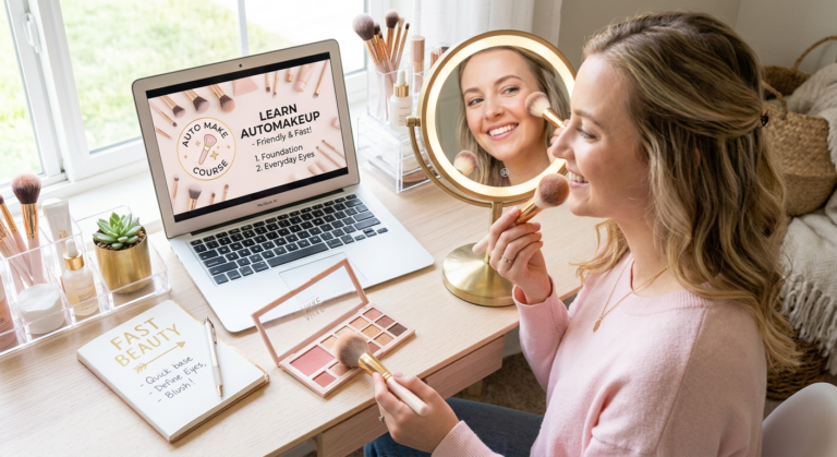 Jovem praticando automaquiagem com a metodologia Fast Beauty do curso Auto Make da Lu Rech