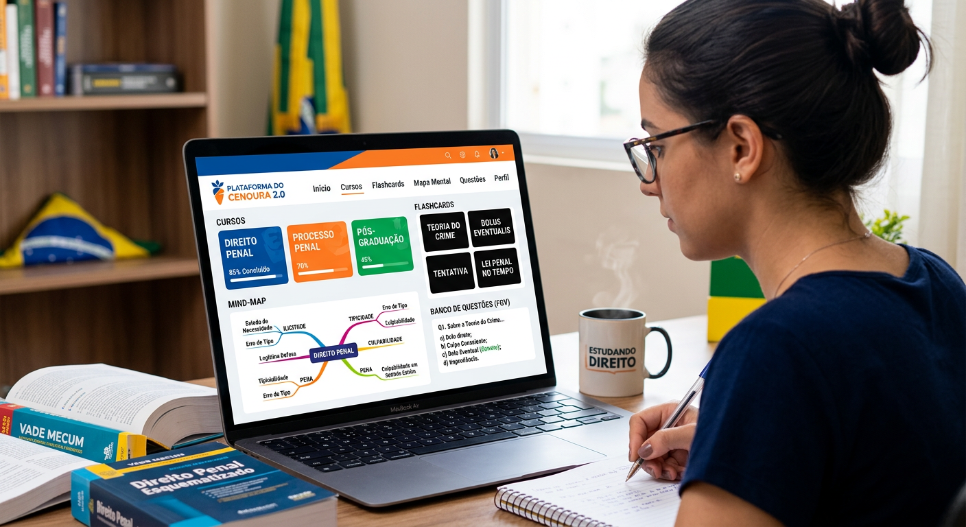 Tela de laptop mostrando a plataforma de estudo digital Plataforma do Cenoura 2.0 com módulos de Direito Penal, flashcards, mapas mentais e banco de questões no padrão FGV.
