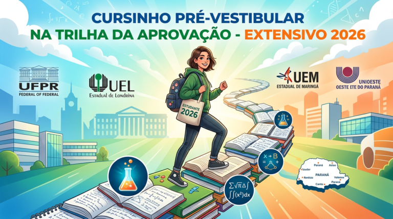 Ilustração de estudante subindo uma trilha de livros com símbolos de química, matemática e mapa do Paraná, promovendo o curso Extensivo 2026 do Professor JV.