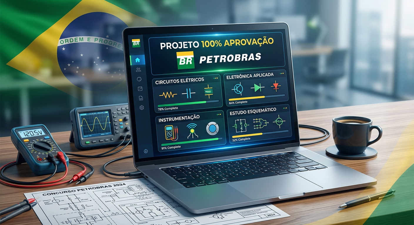 Ilustração de curso online "Projeto 100% Aprovação" para engenheiros elétricos e eletrônicos, com tela de laptop exibindo conteúdo técnico e logo da Petrobras.