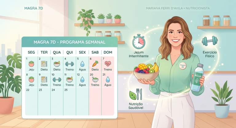 Ilustração de Mariana Ferri d'Avila apresentando o programa Magra 7D com calendário de 7 dias, alimentos saudáveis e símbolos de exercício.